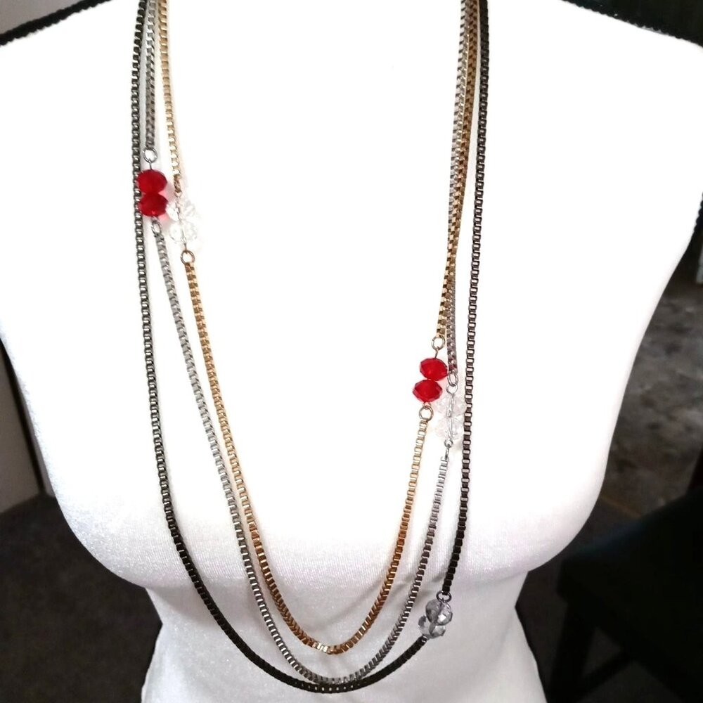 Multi Strand Beaded Chain Necklace Three Tone Metallic 35"
